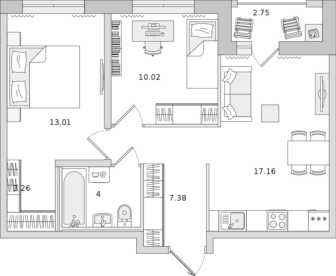 2-комнатная квартира 54.83 м², 15/17 эт., ЖК «Мурино Space»